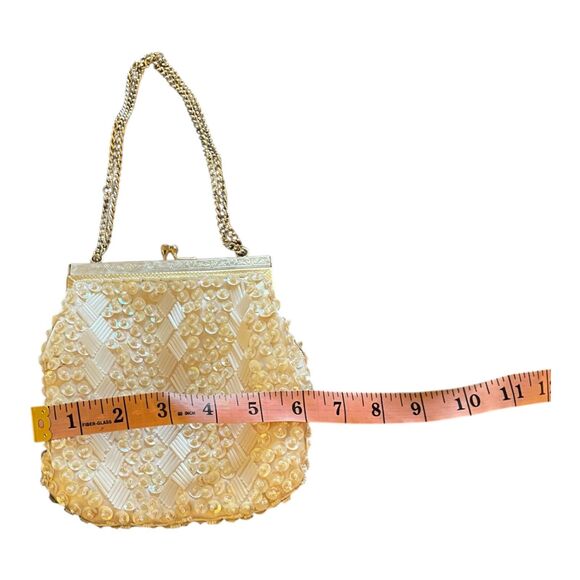 Vintage ivory sequined beaded evening bag gold kisslock chain strap glam retro - Picture 11 of 13
